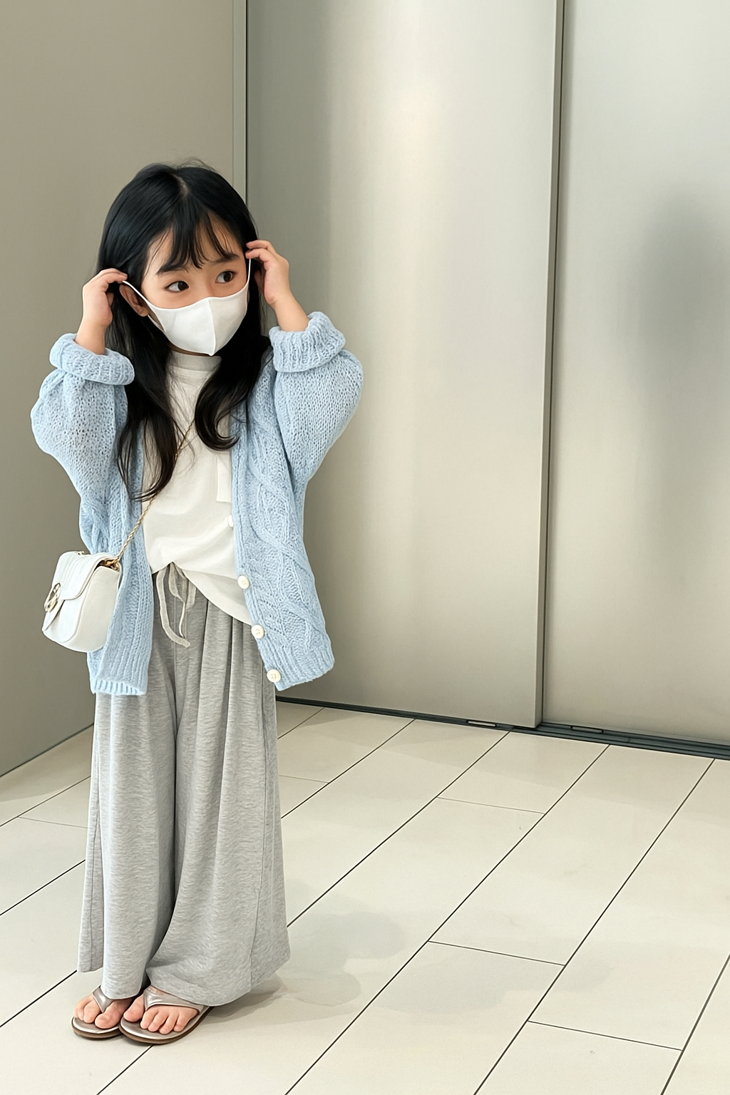 Child wearing cozy lounge set for kids featuring gray wide-leg pants and a light blue cardigan