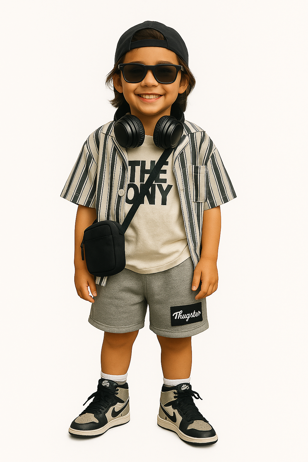 Smiling boy wearing an urban kids clothing set with striped shirt, gray shorts, black cap, sunglasses, and headphones