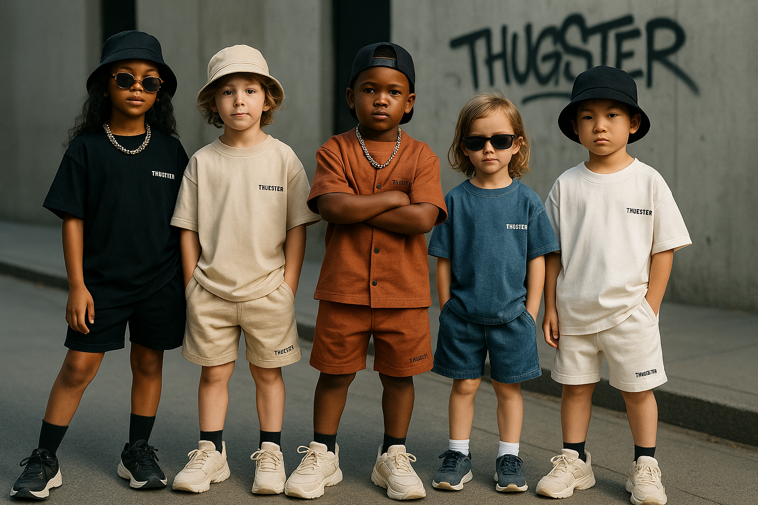 A group of five stylish children stand confidently in a row, each wearing coordinated oversized t-shirt and shorts sets in different earthy tones including black, beige, rust, blue, and off-white. Each outfit features the “THUGSTER” logo. They accessorize with sunglasses, bucket hats, sneakers, and chains, posing against a concrete wall with graffiti that reads “THUGSTER,” showcasing a modern urban streetwear vibe for kids.