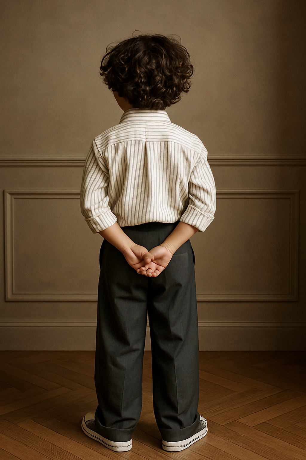 Boy wearing boys fashion outfit set with striped long sleeve shirt and dark pants standing indoors