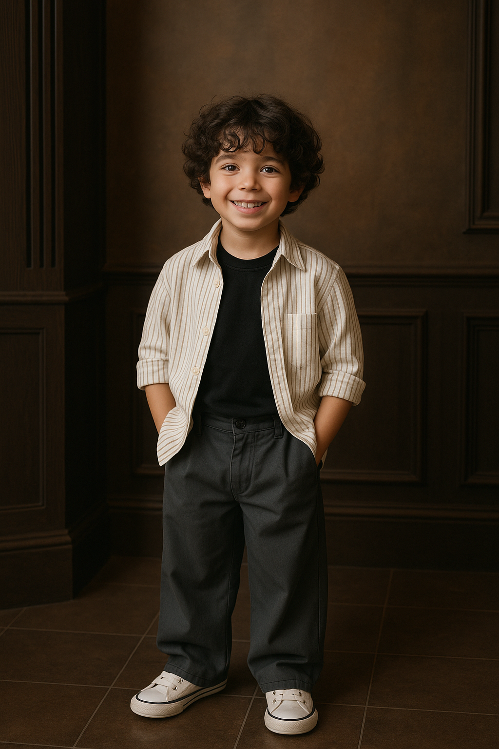 Smiling young boy wearing a boys fashion outfit set with striped shirt, black tee, dark pants, and white sneakers