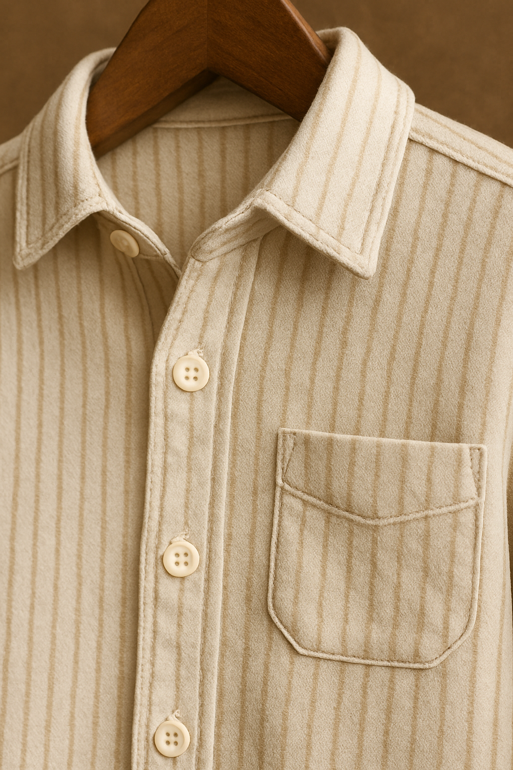 Close-up of beige striped button-up shirt from boys fashion outfit set by The Thugster