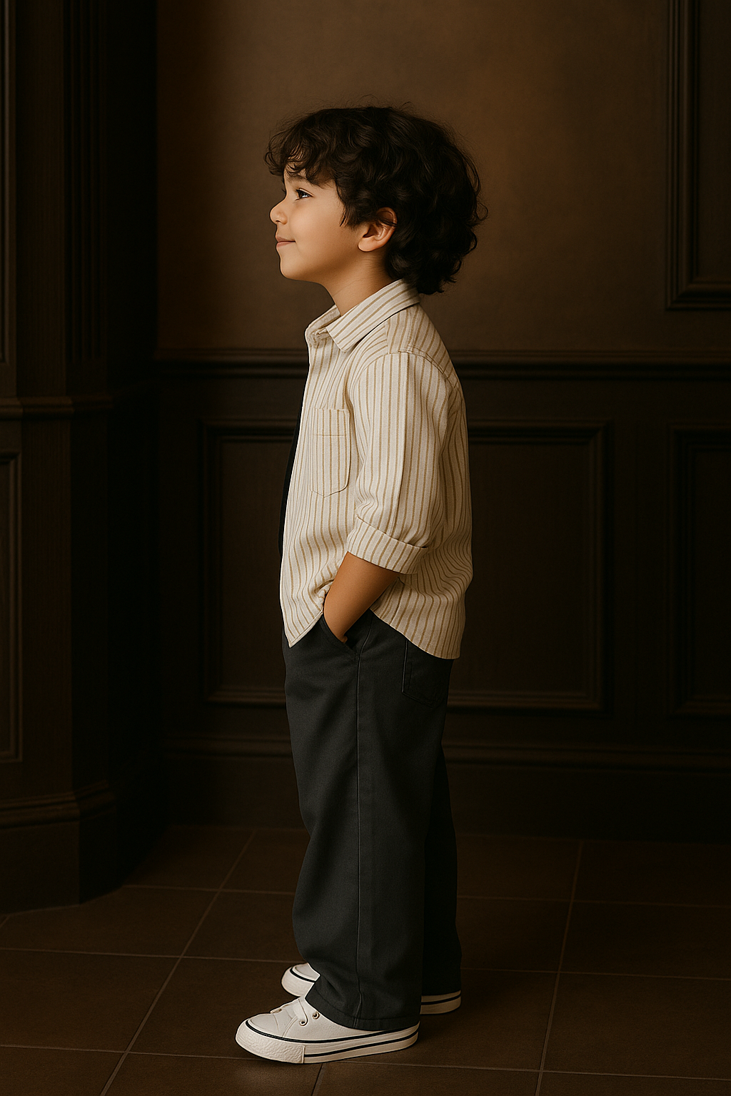 Young boy wearing a striped shirt and dark pants boys fashion outfit set by The Thugster