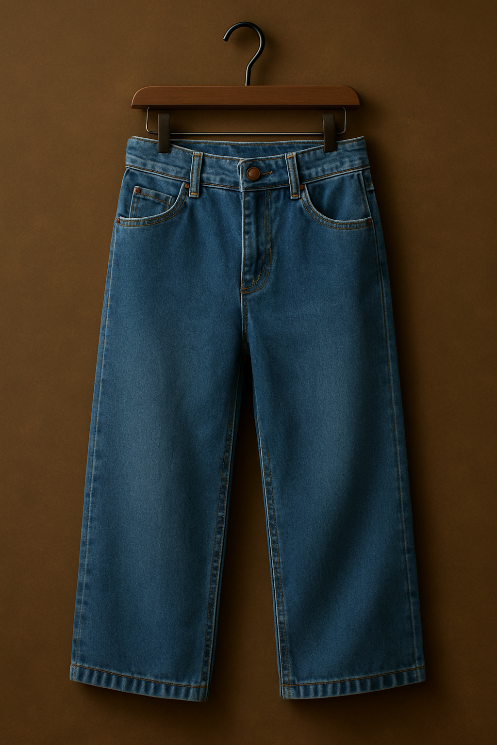 Blue denim jeans hanging on wooden hanger casual street style kids clothing by The Thugster