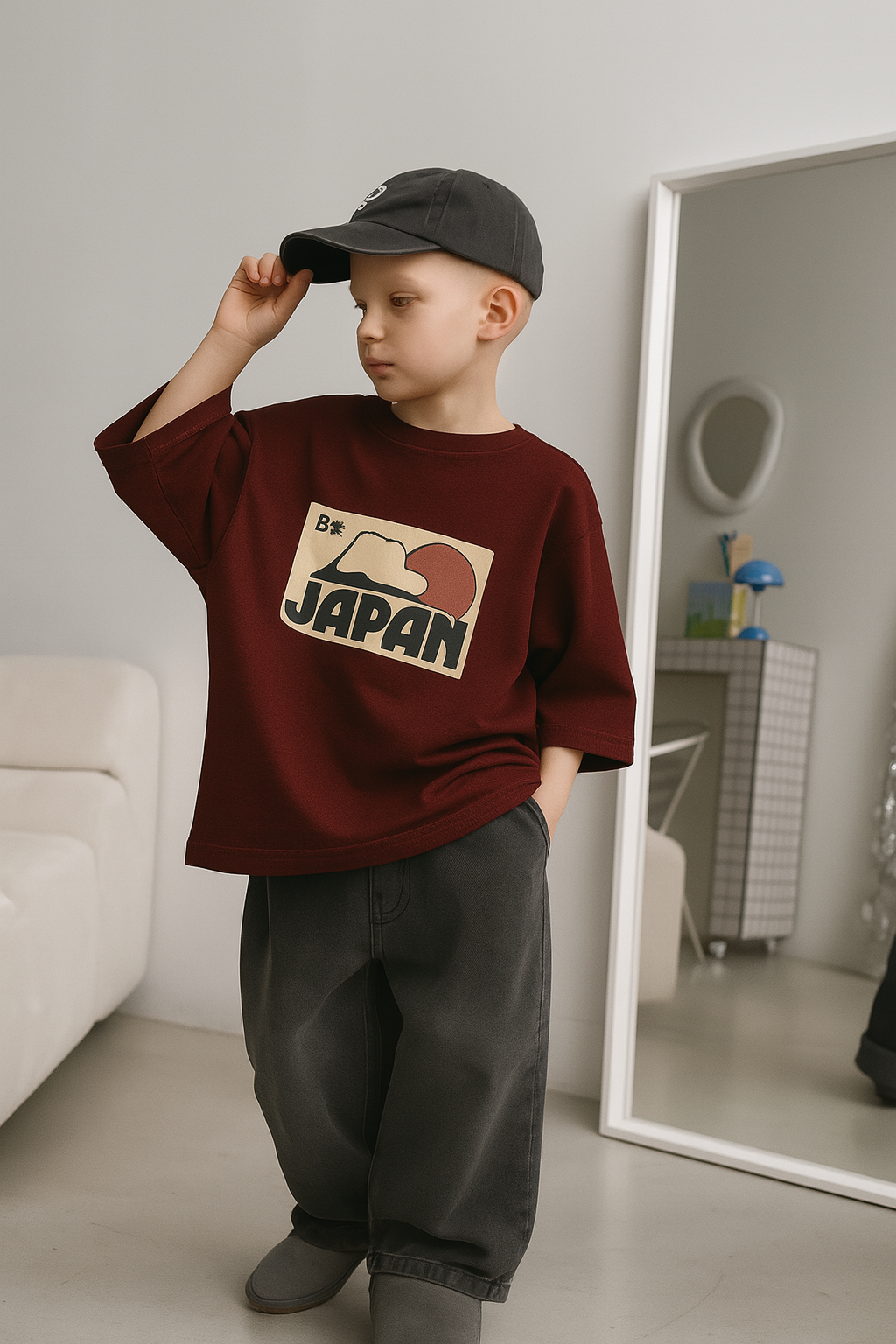 Boy wearing casual street style kids clothing with Japan graphic maroon shirt and black cap
