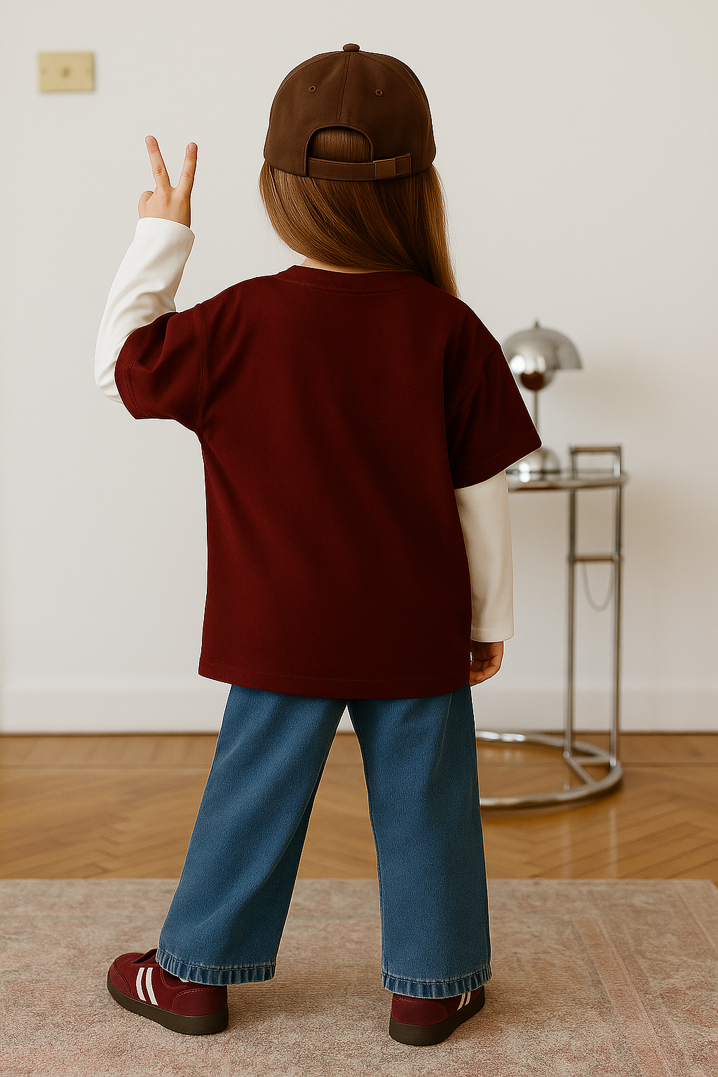 Child wearing casual street style kids clothing with layered shirt and blue pants in indoor setting