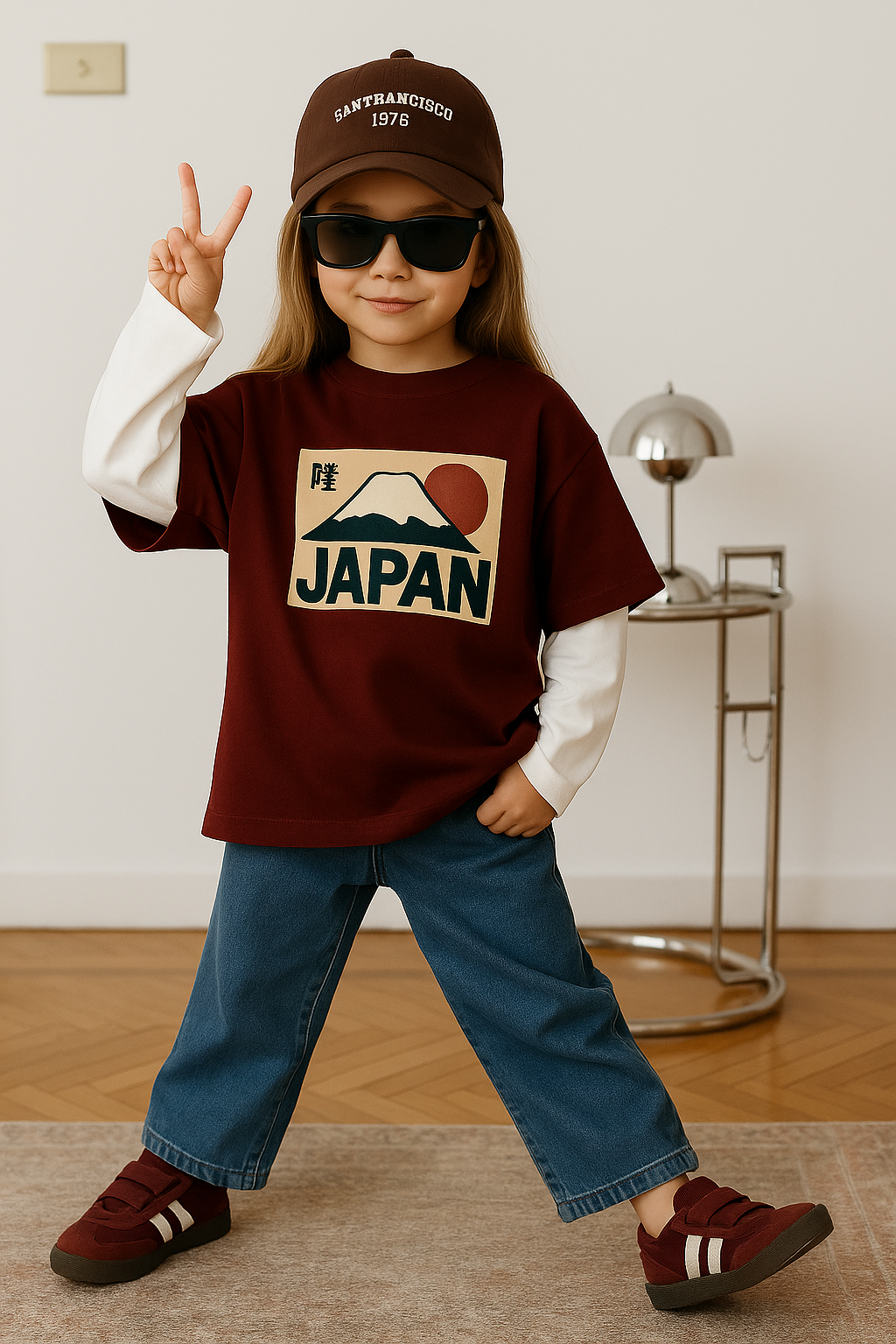 Kid wearing casual street style kids clothing with Japan graphic shirt, blue jeans, and brown cap