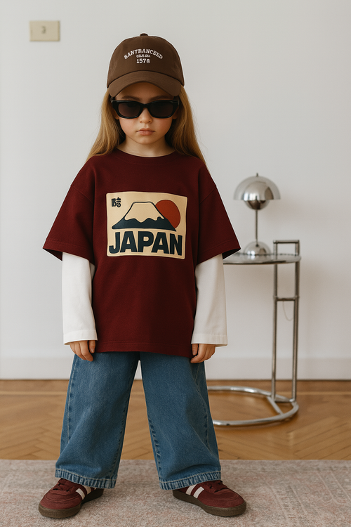 Young girl wearing casual street style kids clothing with layered shirt, jeans, cap, and sunglasses indoors