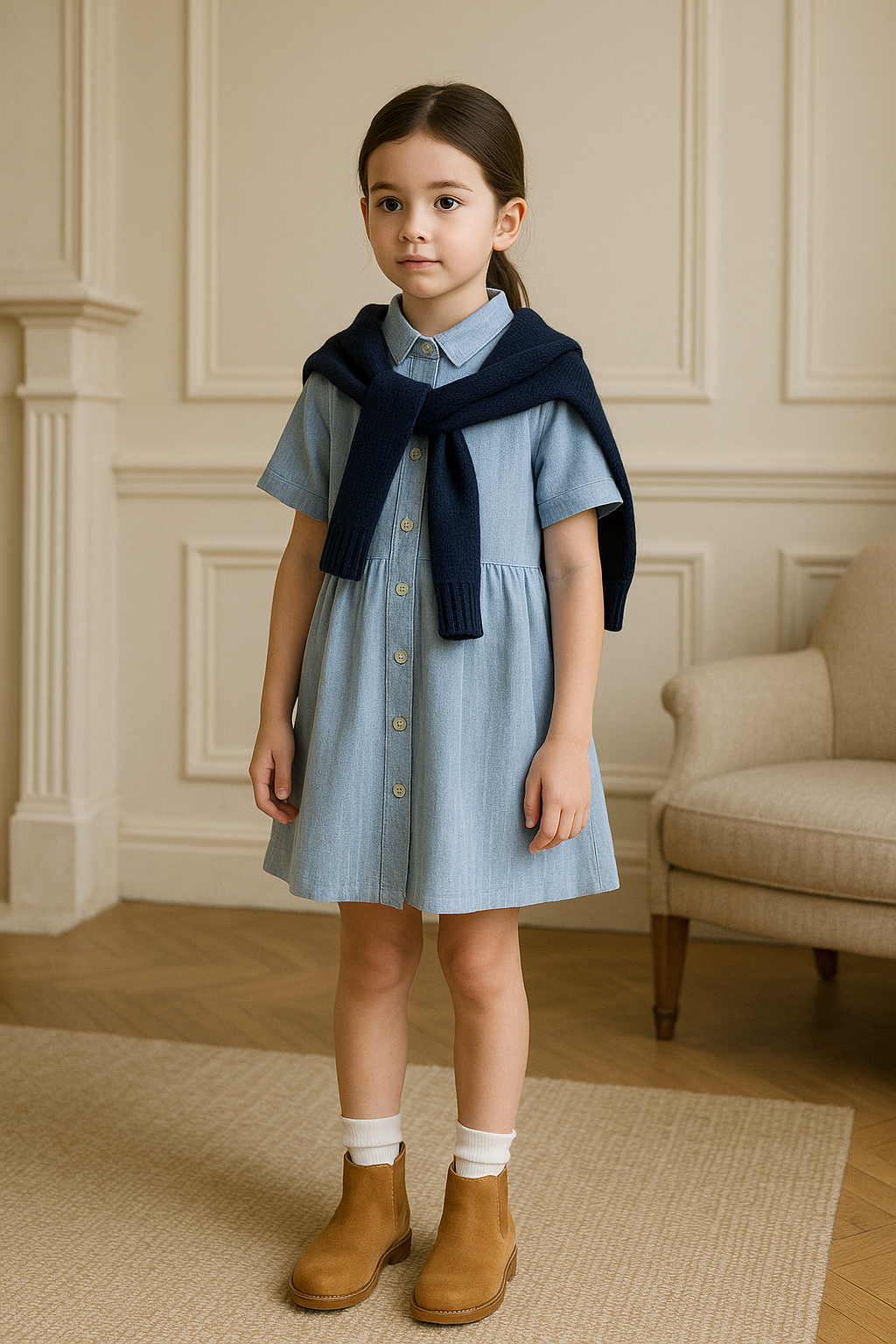 Young girl wearing a chambray shirt dress for girls with a navy sweater draped over shoulders and brown boots