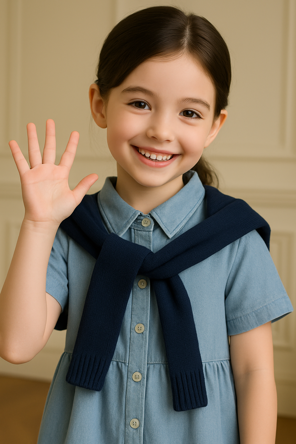 Smiling young girl wearing a chambray shirt dress for girls with a navy sweater draped over her shoulders