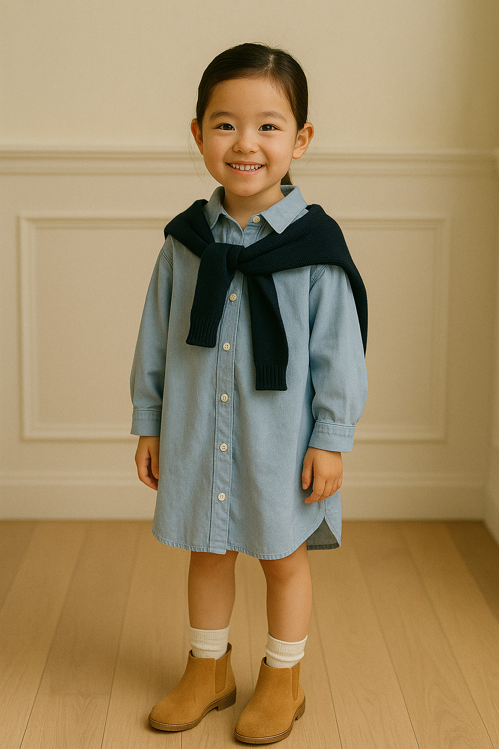 Smiling young girl wearing a chambray shirt dress for girls with a navy sweater and tan boots