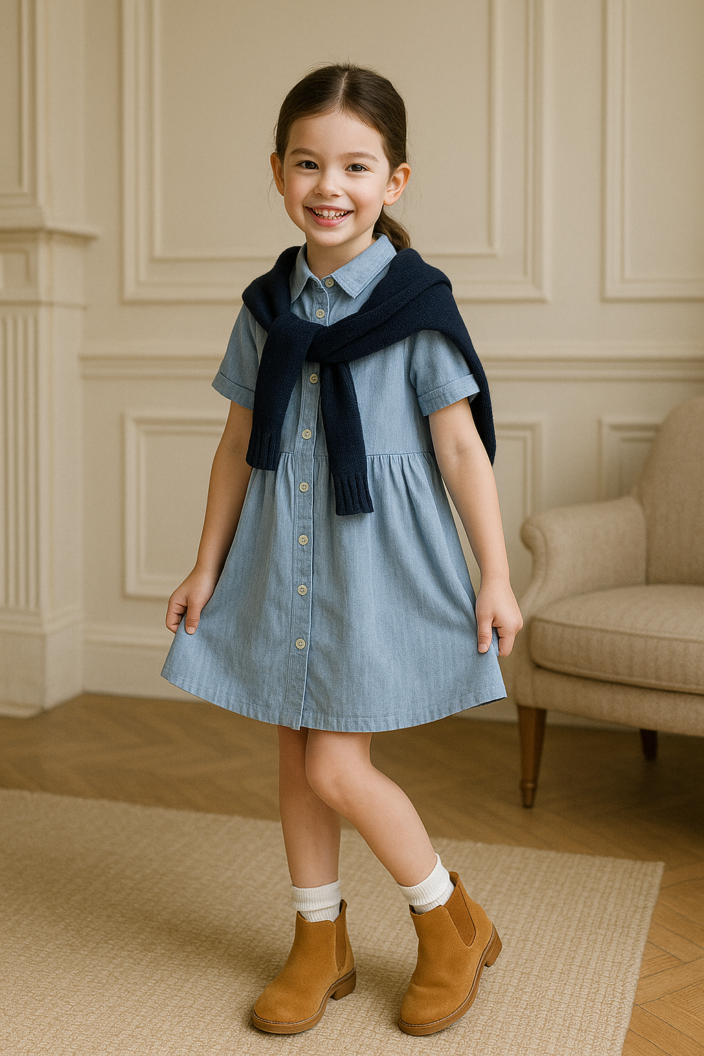 Smiling girl wearing chambray shirt dress for girls with button front and short sleeves paired with brown boots