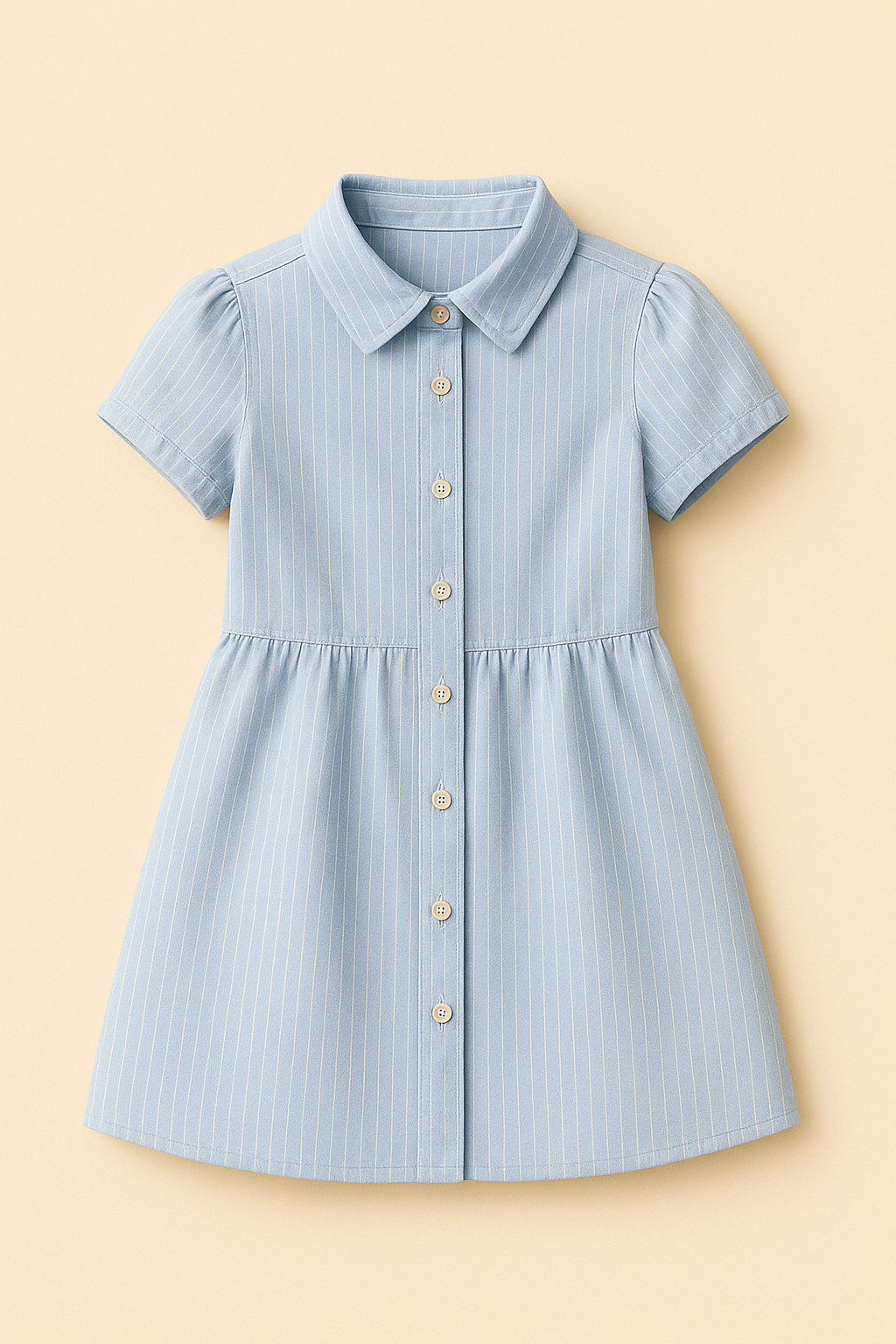 Light blue striped chambray shirt dress for girls with short sleeves and button front