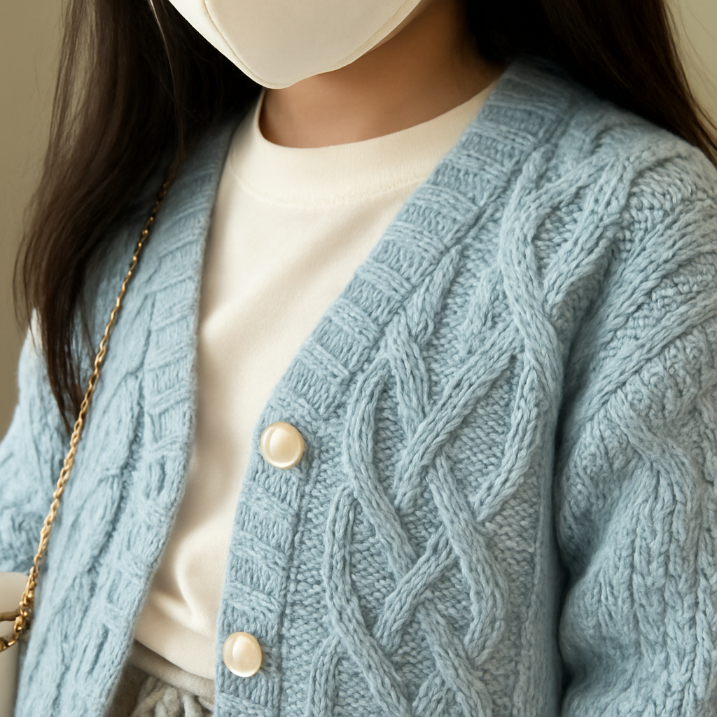 Close-up of cozy lounge set for kids featuring a light blue cable knit cardigan with pearl buttons