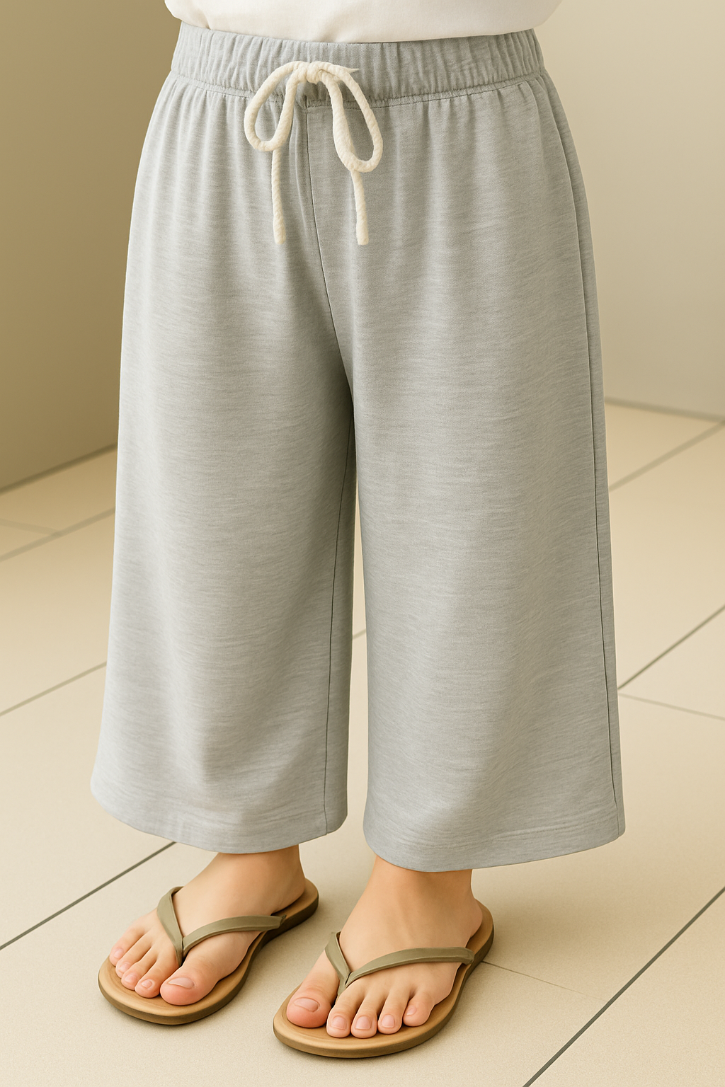 Gray wide-leg pants from cozy lounge set for kids with elastic waistband and drawstring