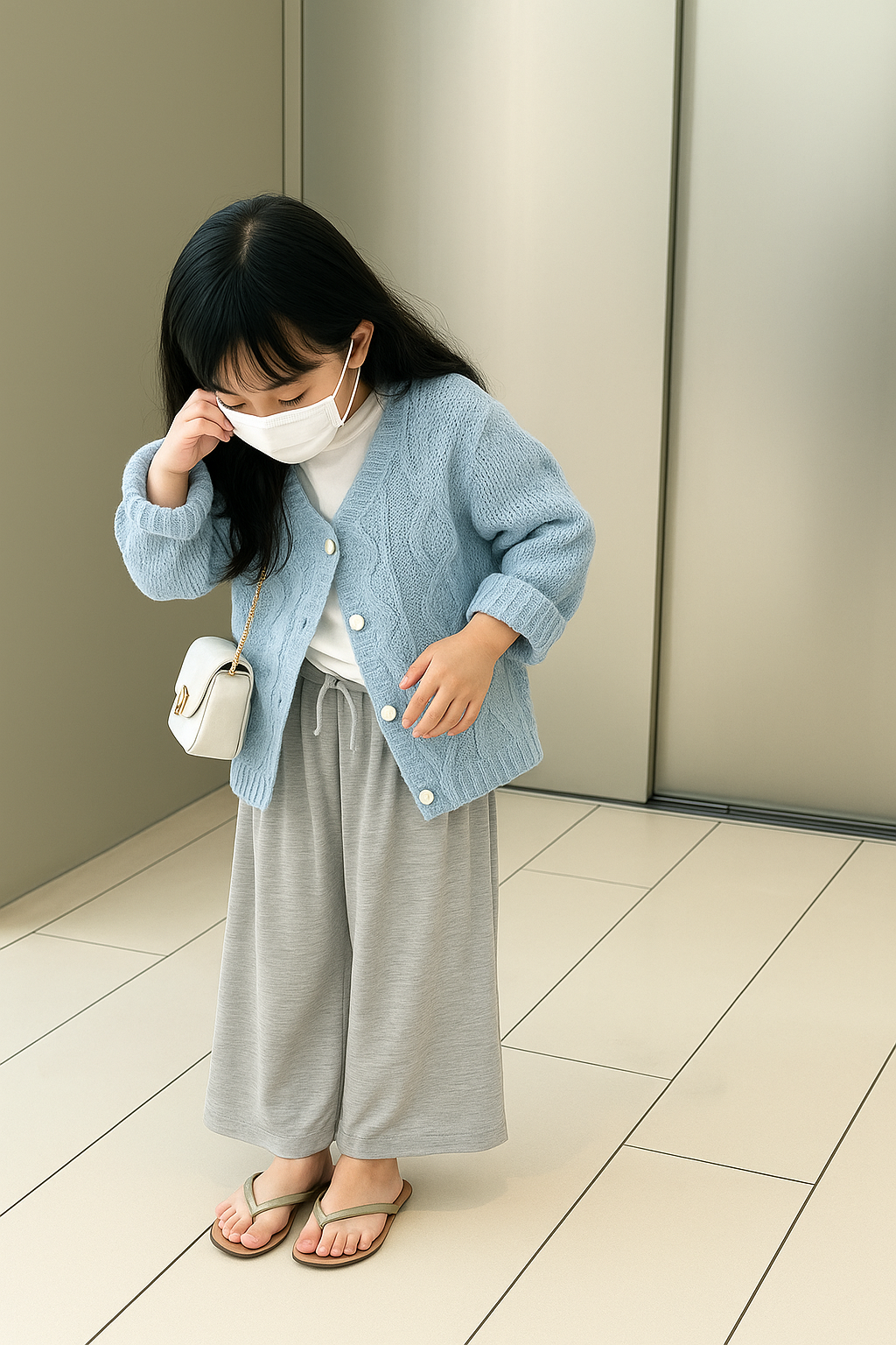 Little girl wearing a cozy lounge set for kids including a blue cardigan and gray wide-leg pants