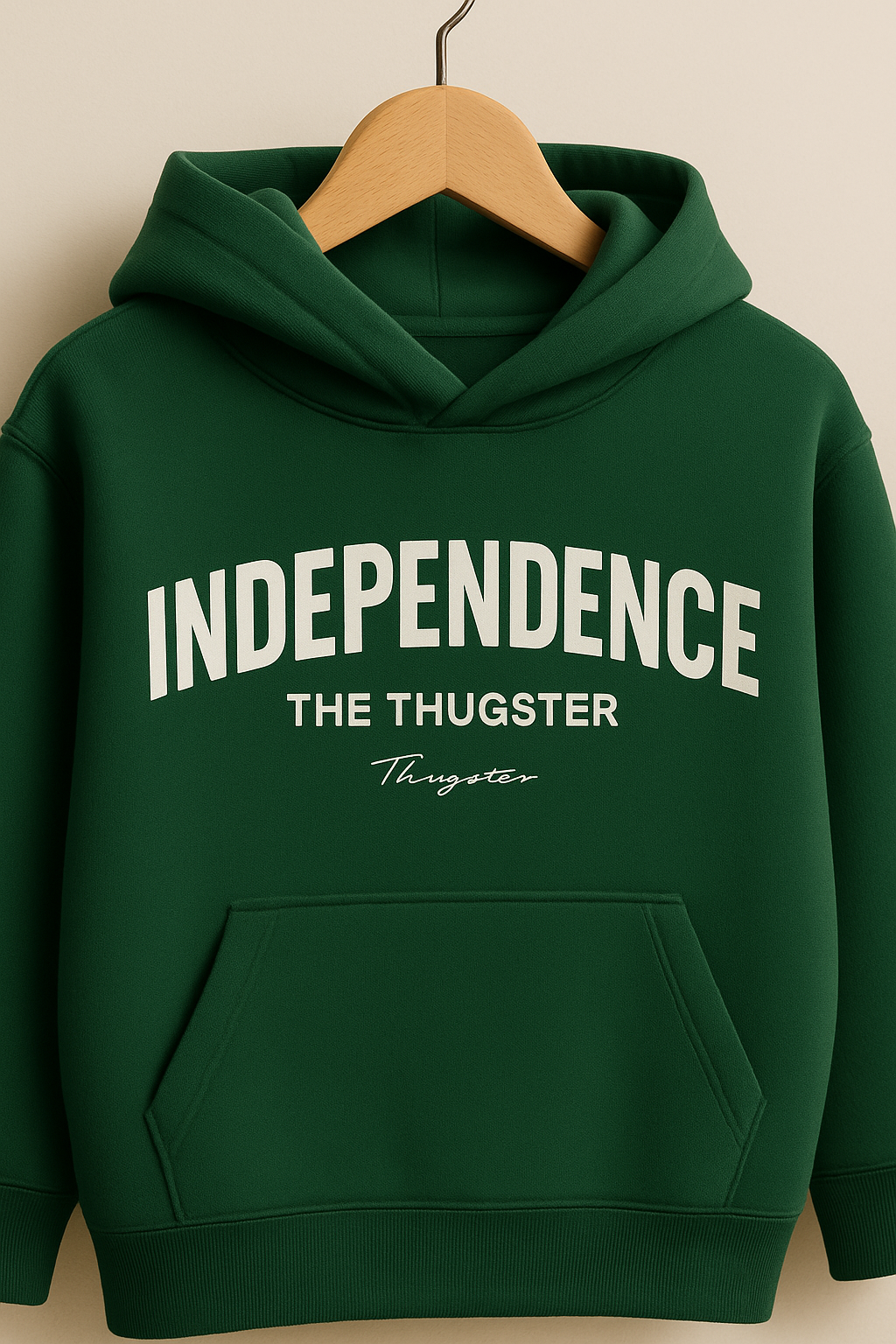 Green hoodie with Independence print by The Thugster, stylish hoodie set for young icons