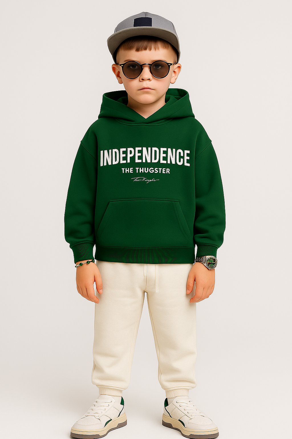 Boy wearing a green Independence hoodie and cream pants hoodie set for young icons by The Thugster