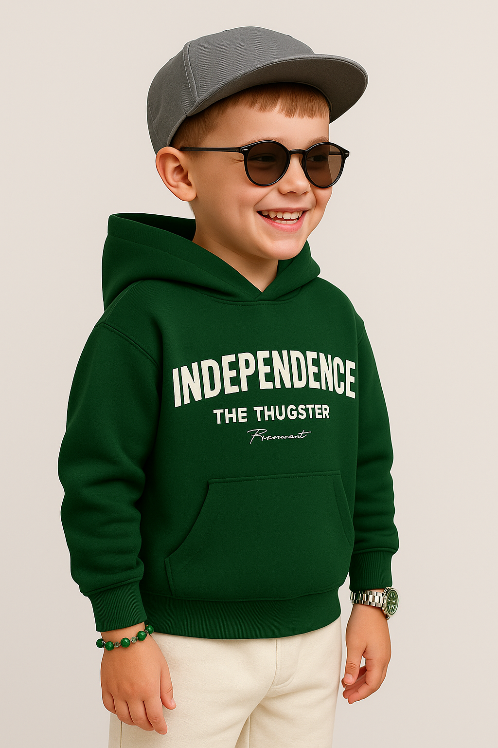 Green hoodie set for young icons with Independence The Thugster print worn by smiling boy with sunglasses and gray cap