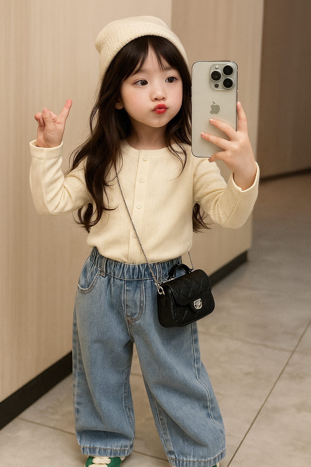 Little girl wearing mini muse fashion set with beige top, jeans, and matching hat taking a selfie