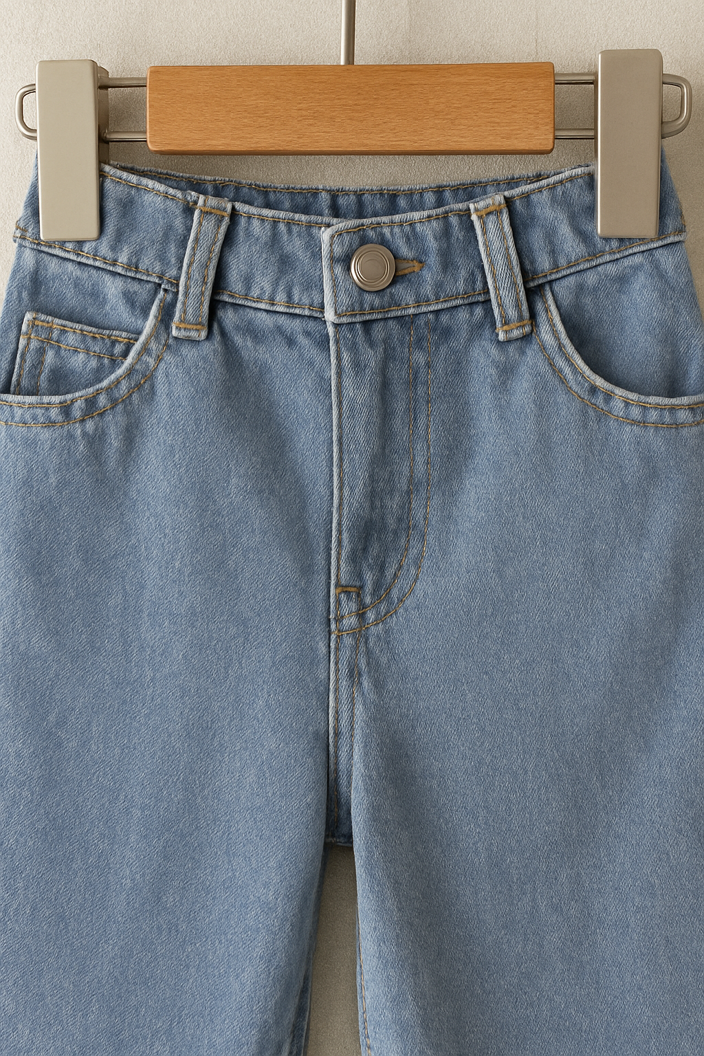 Light blue denim jeans from mini muse fashion set hanging on wooden hanger