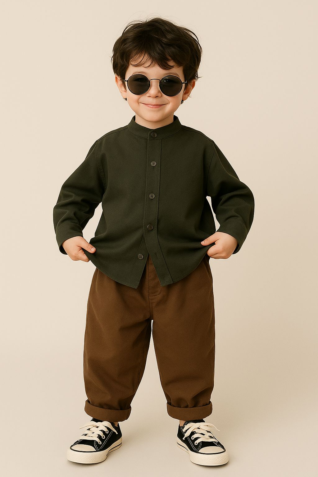 Toddler boy wearing sunglasses in modern kids clothing style with a dark green shirt and brown pants