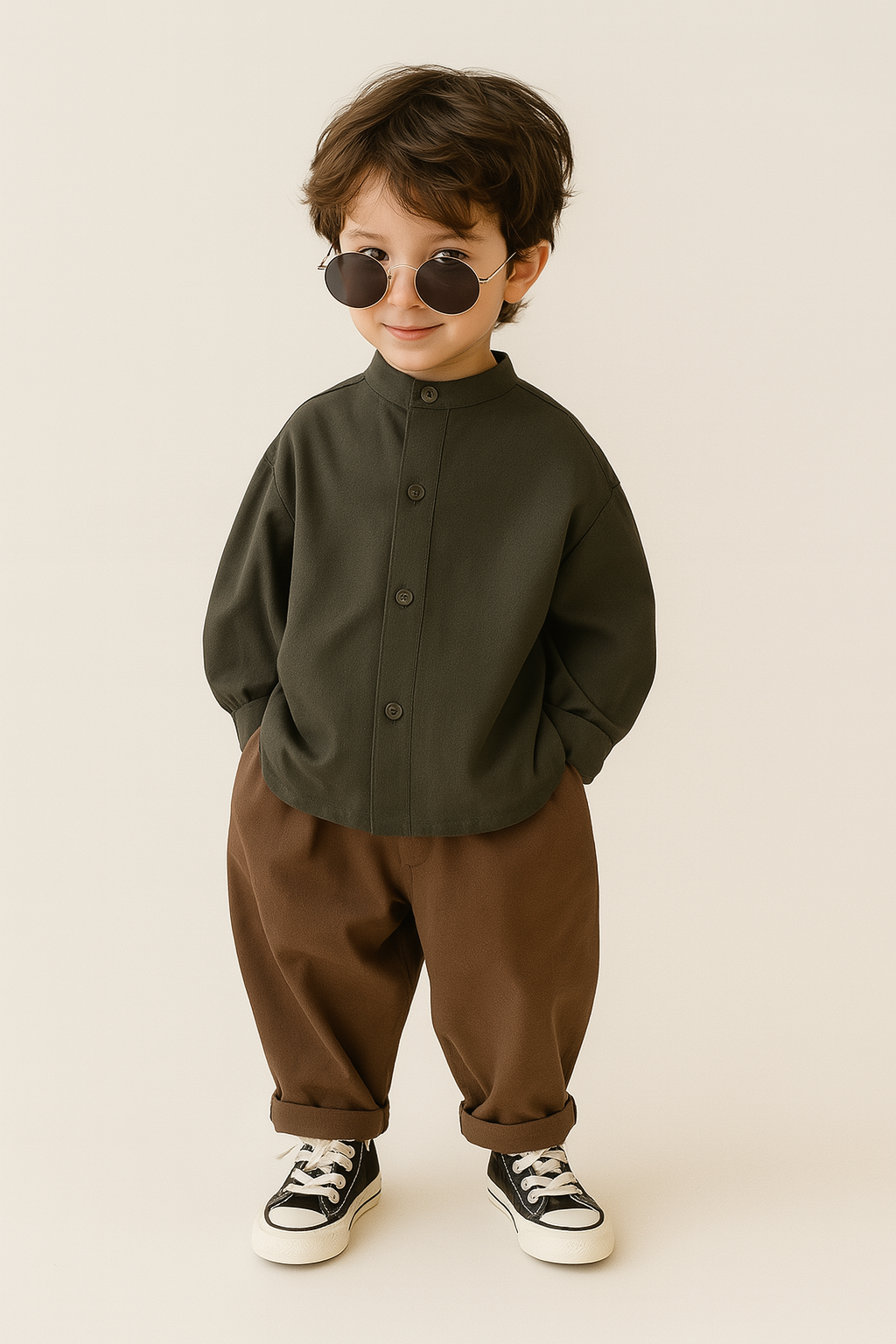 Young boy wearing modern kids clothing style with dark green button-up shirt, brown pants, and sunglasses