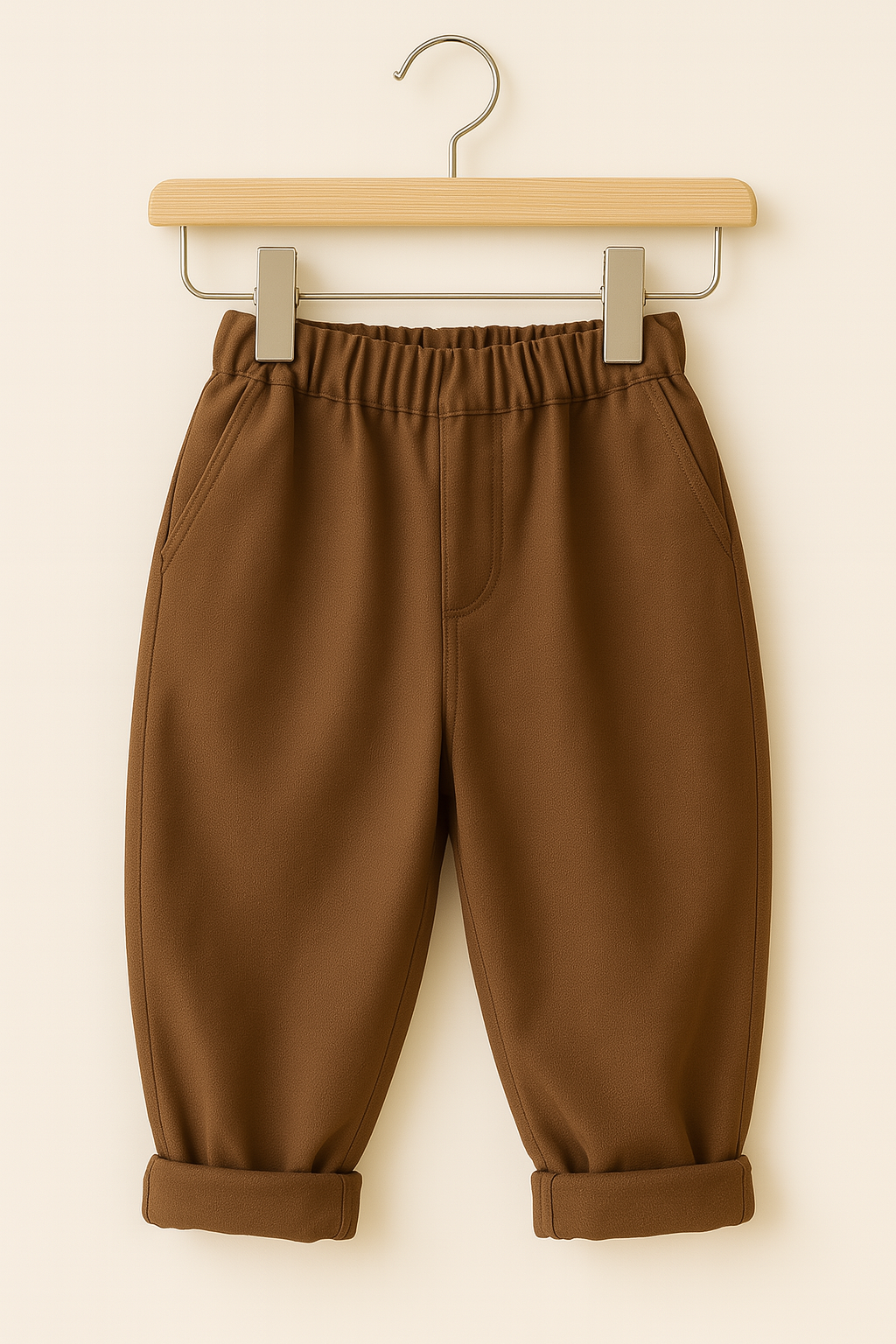 Brown kids pants with elastic waist and cuffed hems showcasing modern kids clothing style by The Thugster