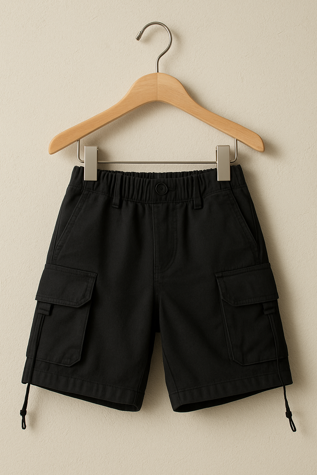 Black cargo shorts for boys with elastic waistband and pockets from urban kids clothing collection