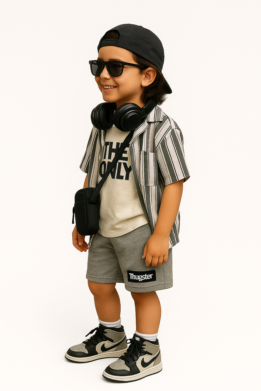 Smiling boy wearing urban kids clothing set with striped shirt, graphic tee, gray shorts, sneakers, and accessories