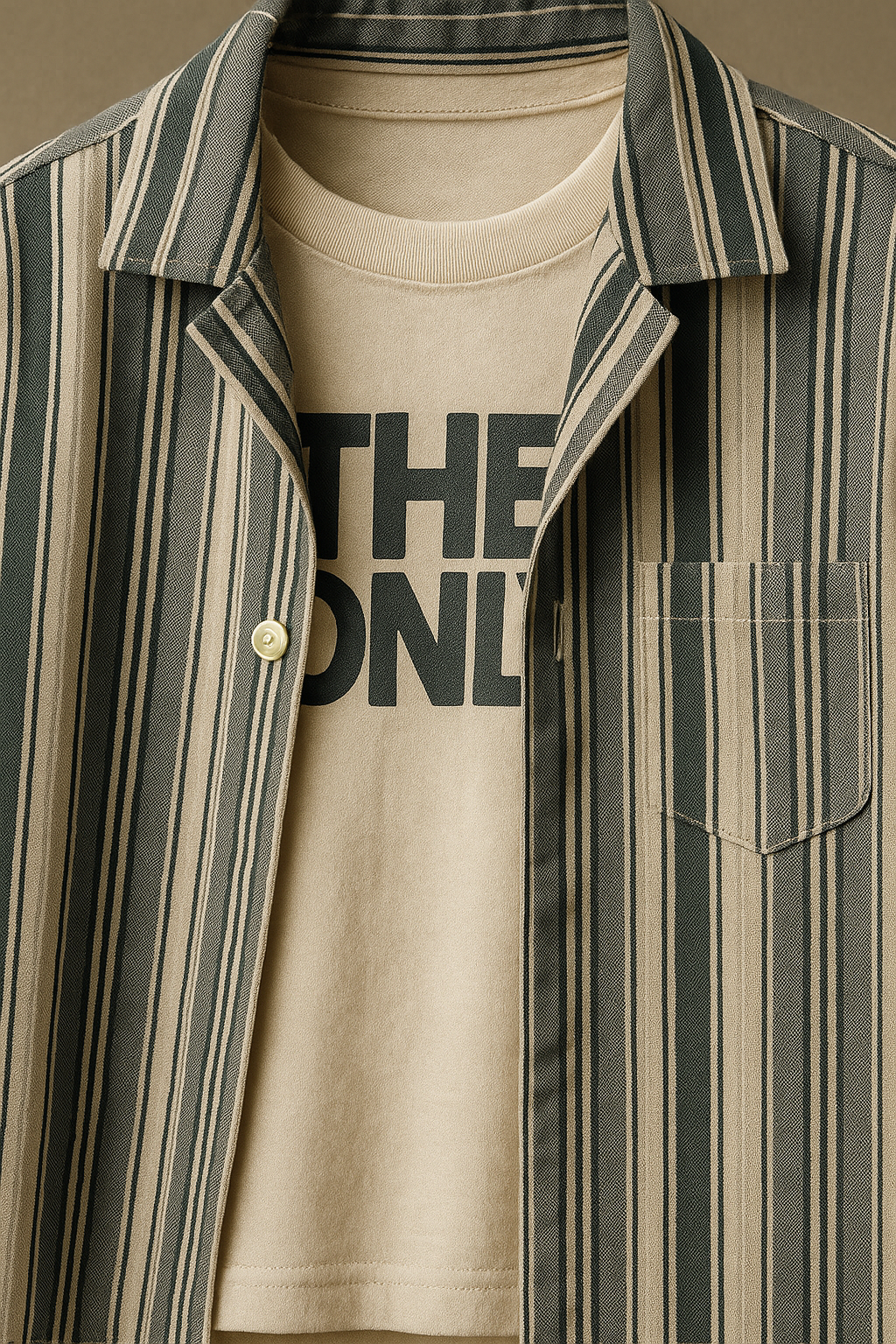 Striped button-up shirt over beige graphic t-shirt urban kids clothing set
