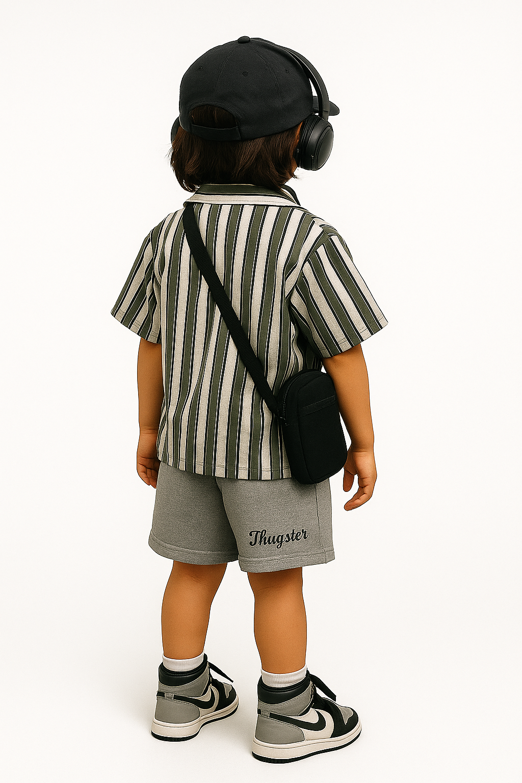 Back view of a child wearing an urban kids clothing set with striped shirt, gray shorts, black cap, and sneakers
