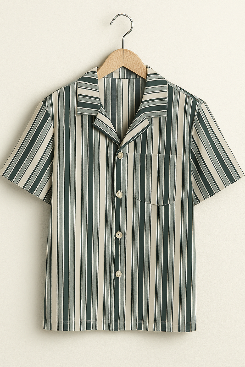 Striped short sleeve shirt with vertical green and beige lines from urban kids clothing set